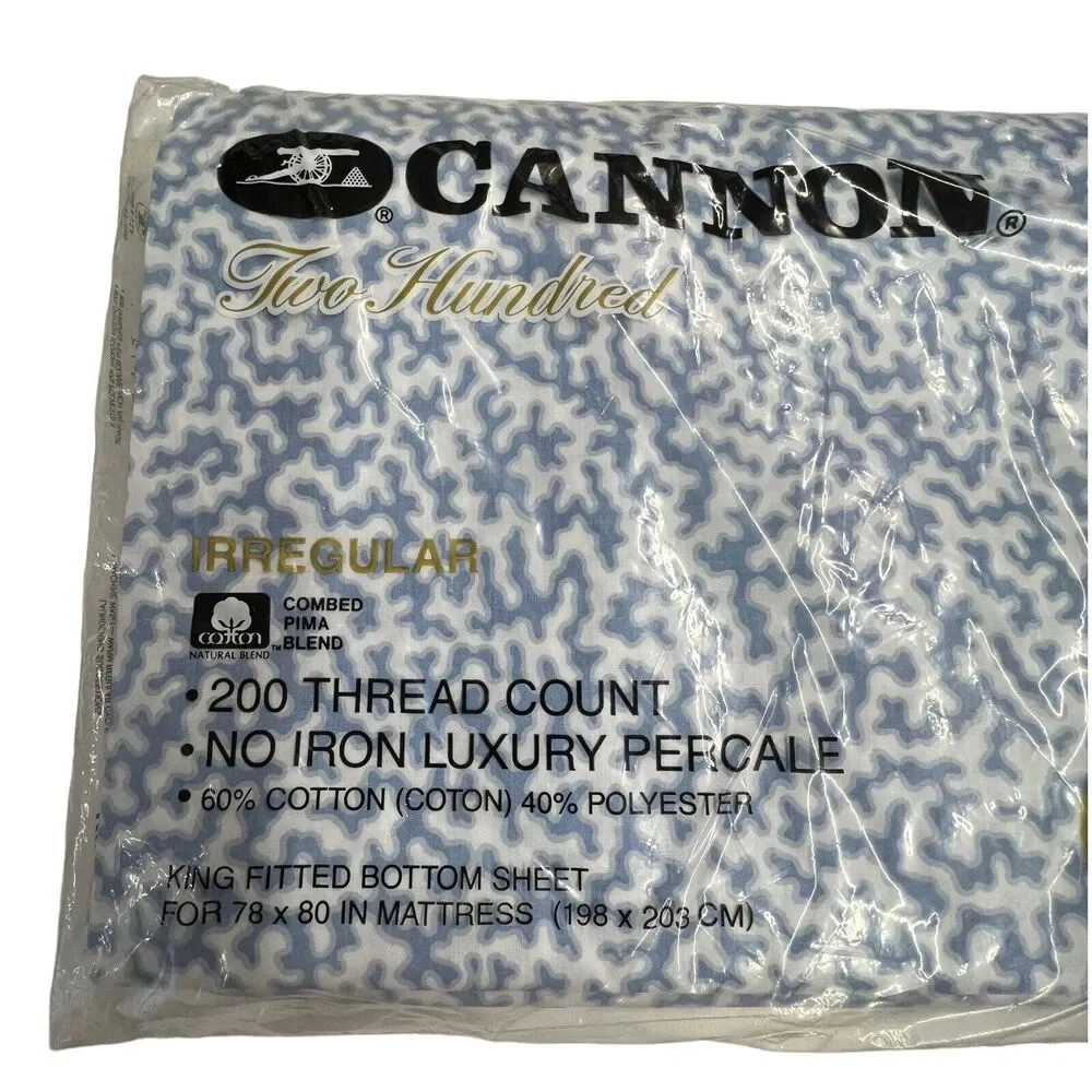 Vintage Cannon Two Hundred White‎ Blue Coral Print King Fitted Sheet 200 TC